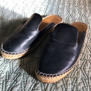 BLACK ESPRADRILLE SLIDES Faux Leather Jute Detail Rubber Sole Flats Mules size 8